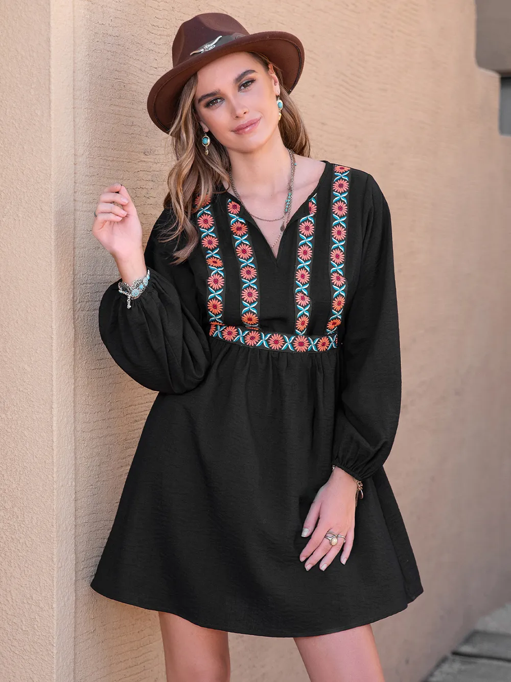 Notched Neck Long Sleeve Printed Mini Dress, image 3