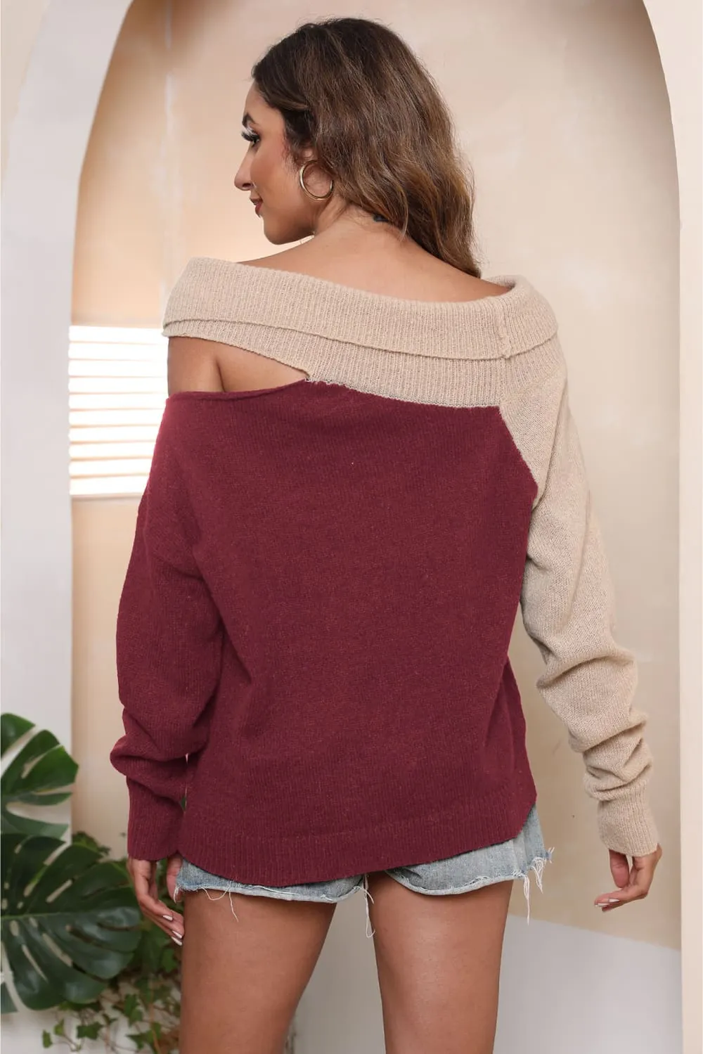 Asymmetrical Long Sleeve Two-Tone Cutout Sweater, image 15