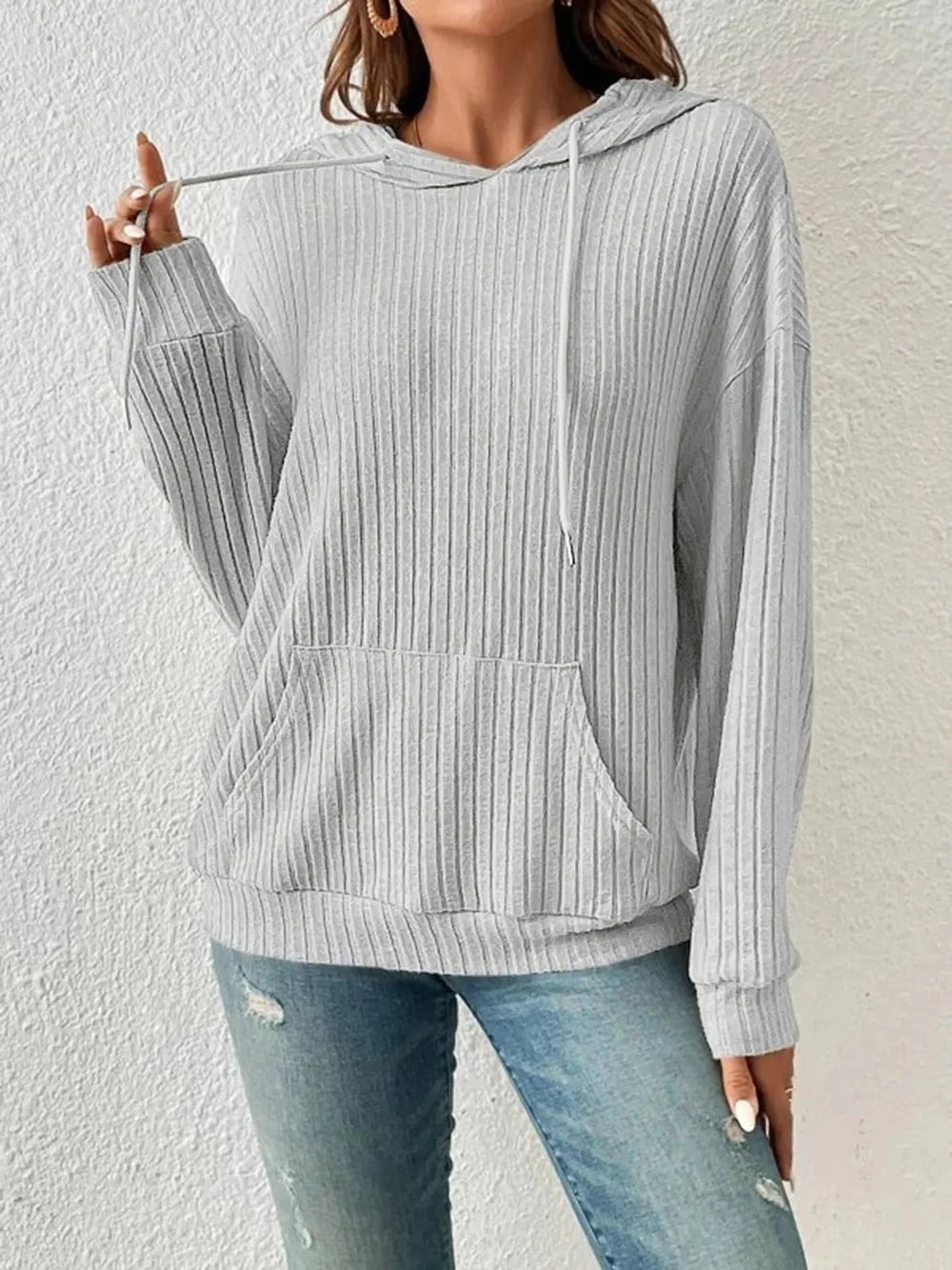 Ribbed Dropped Shoulder Drawstring Hoodie, image 13