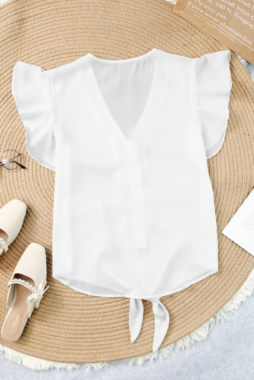 V-Neck Tie Hem Flutter Sleeve Blouse, image 7
