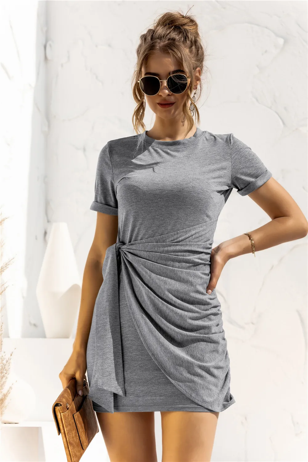 Round Neck Cuffed Sleeve Side Tie Dress, image 9