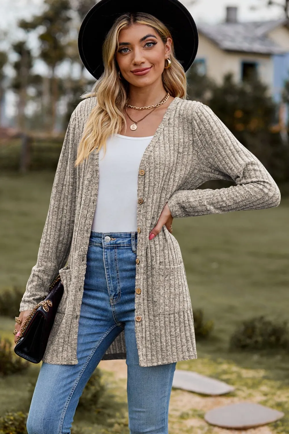 Ribbed Button-Up Cardigan with Pockets, image 11