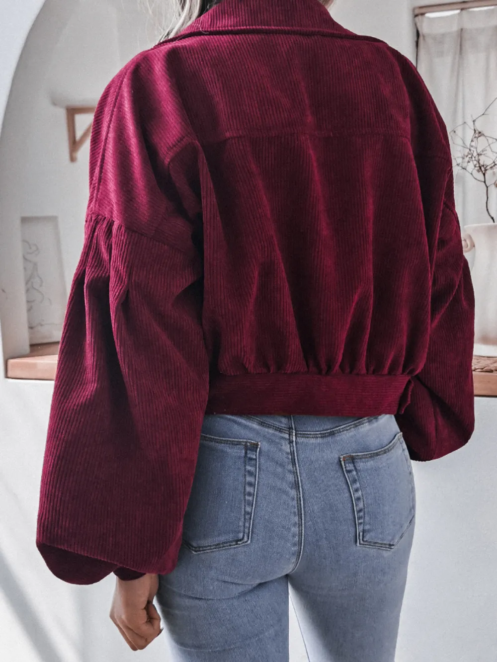 Lantern Sleeve Cropped Corduroy Jacket, image 10