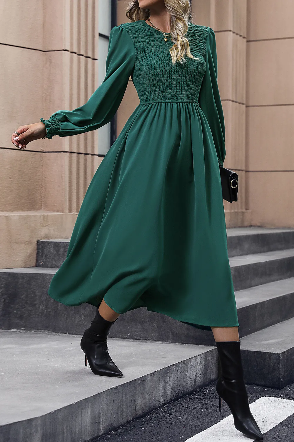 Smocked Long Sleeve Midi Dress, image 4