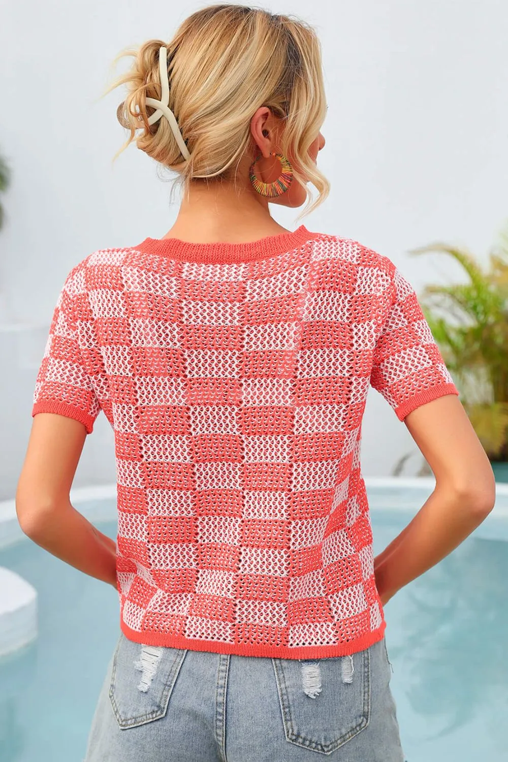 Checkered Short Sleeve Knit Top, image 3