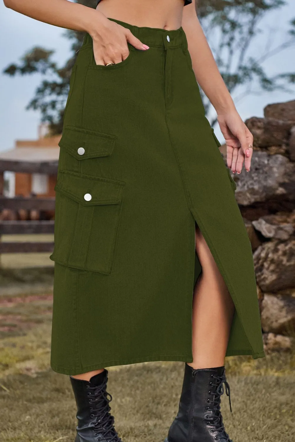 Slit Front Midi Denim Skirt with Pockets, image 6