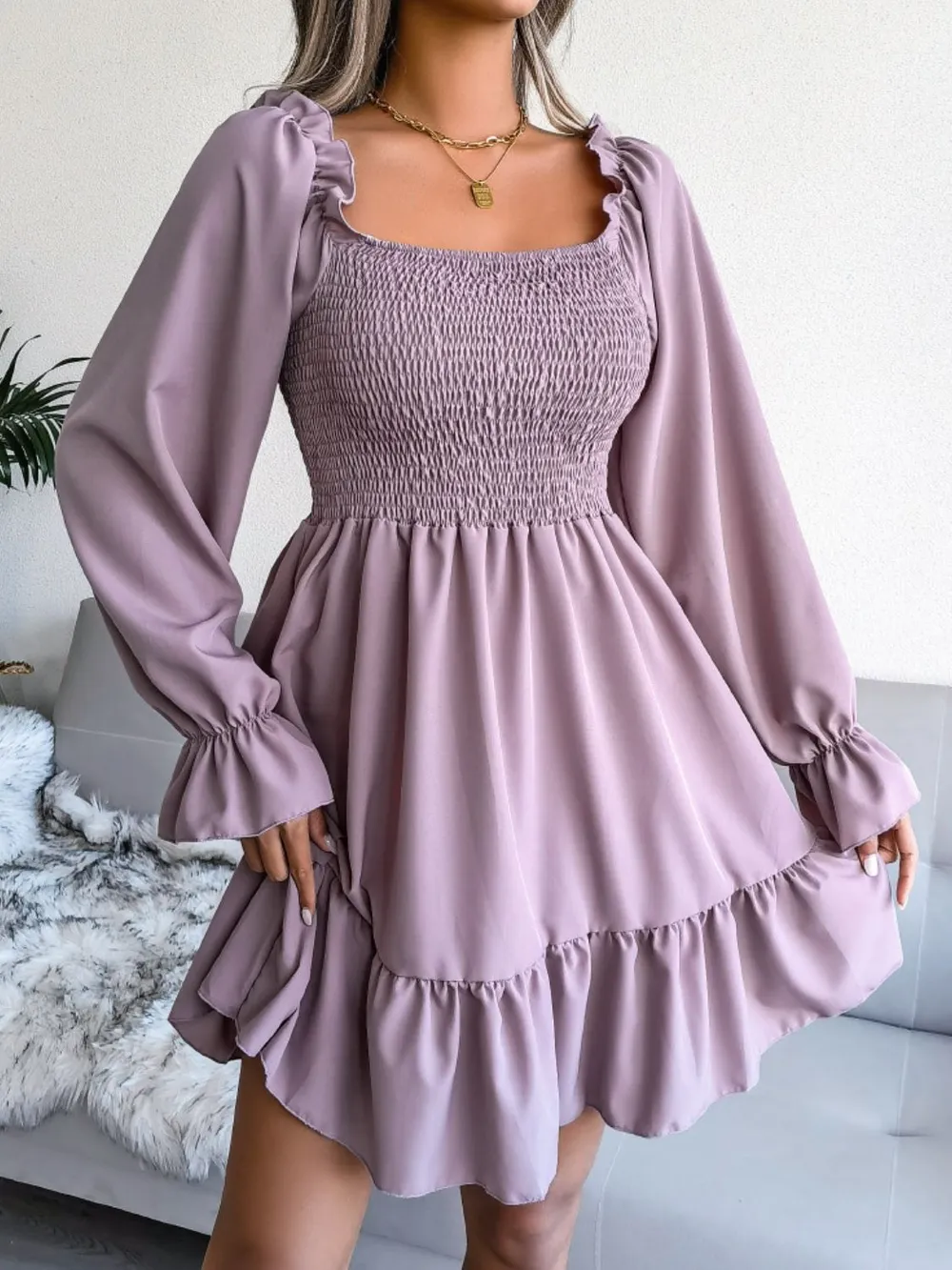 Smocked Flounce Sleeve Square Neck Dress, image 6