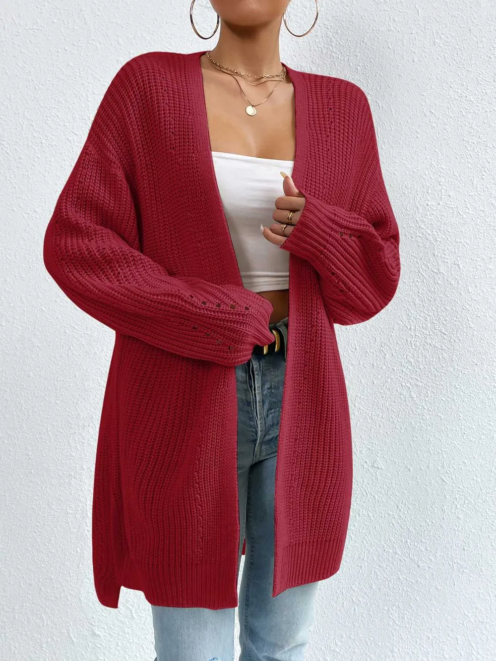 Open Front Dropped Shoulder Slit Cardigan, image 12