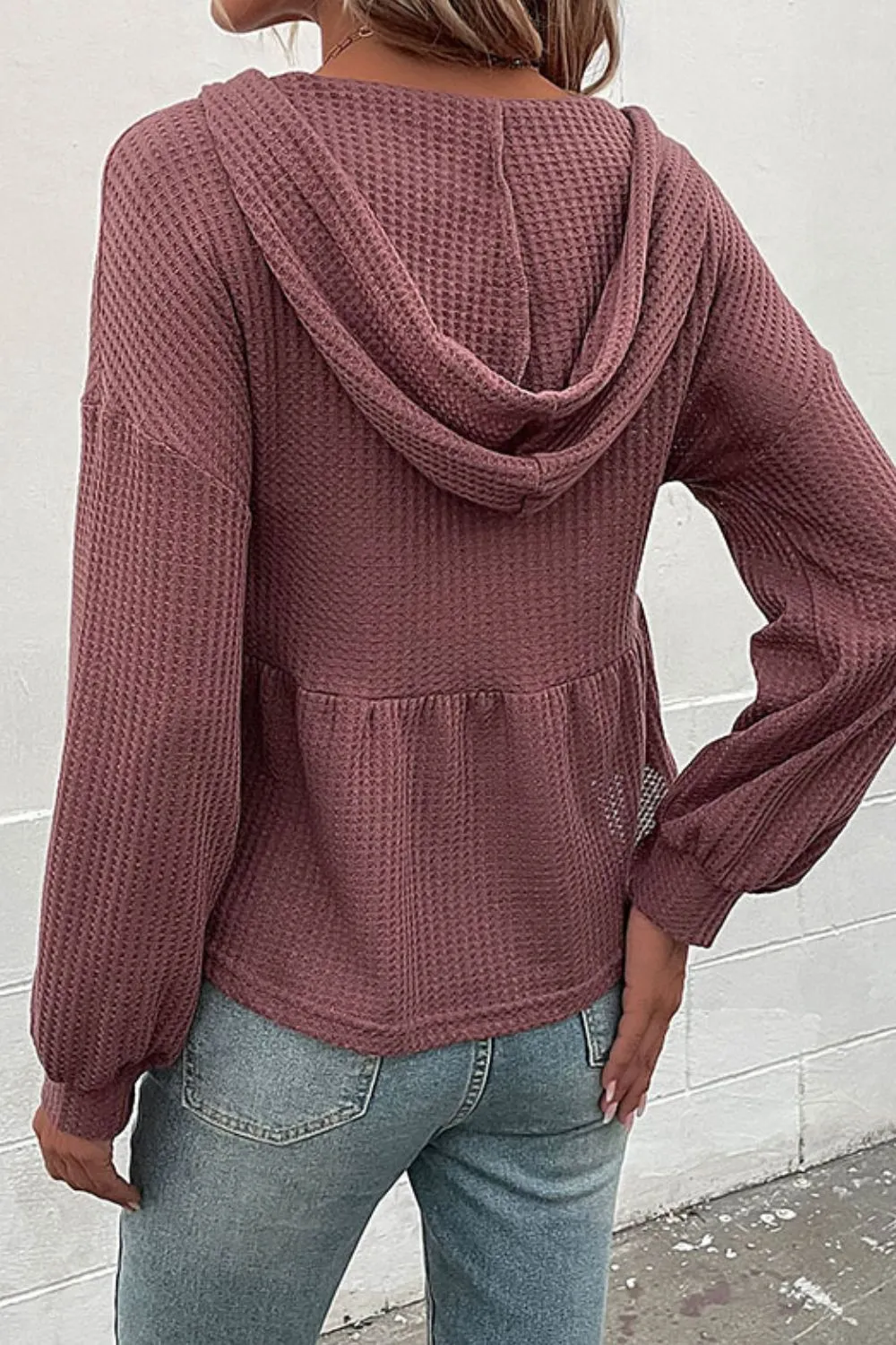 Waffle-Knit Buttoned Drop Shoulder Hoodie, image 2