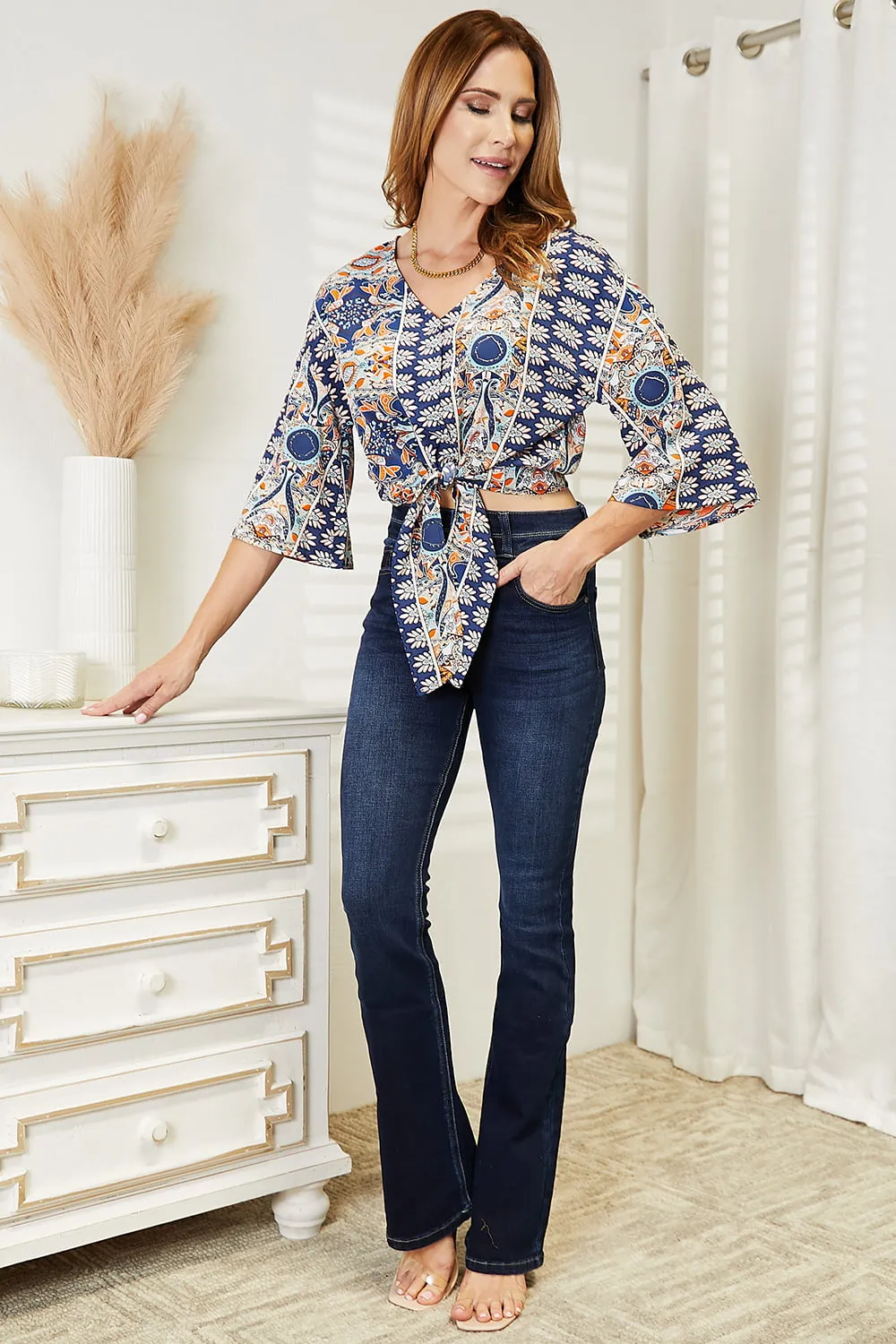 Tie Hem V-Neck Three-Quarter Sleeve Blouse, image 7