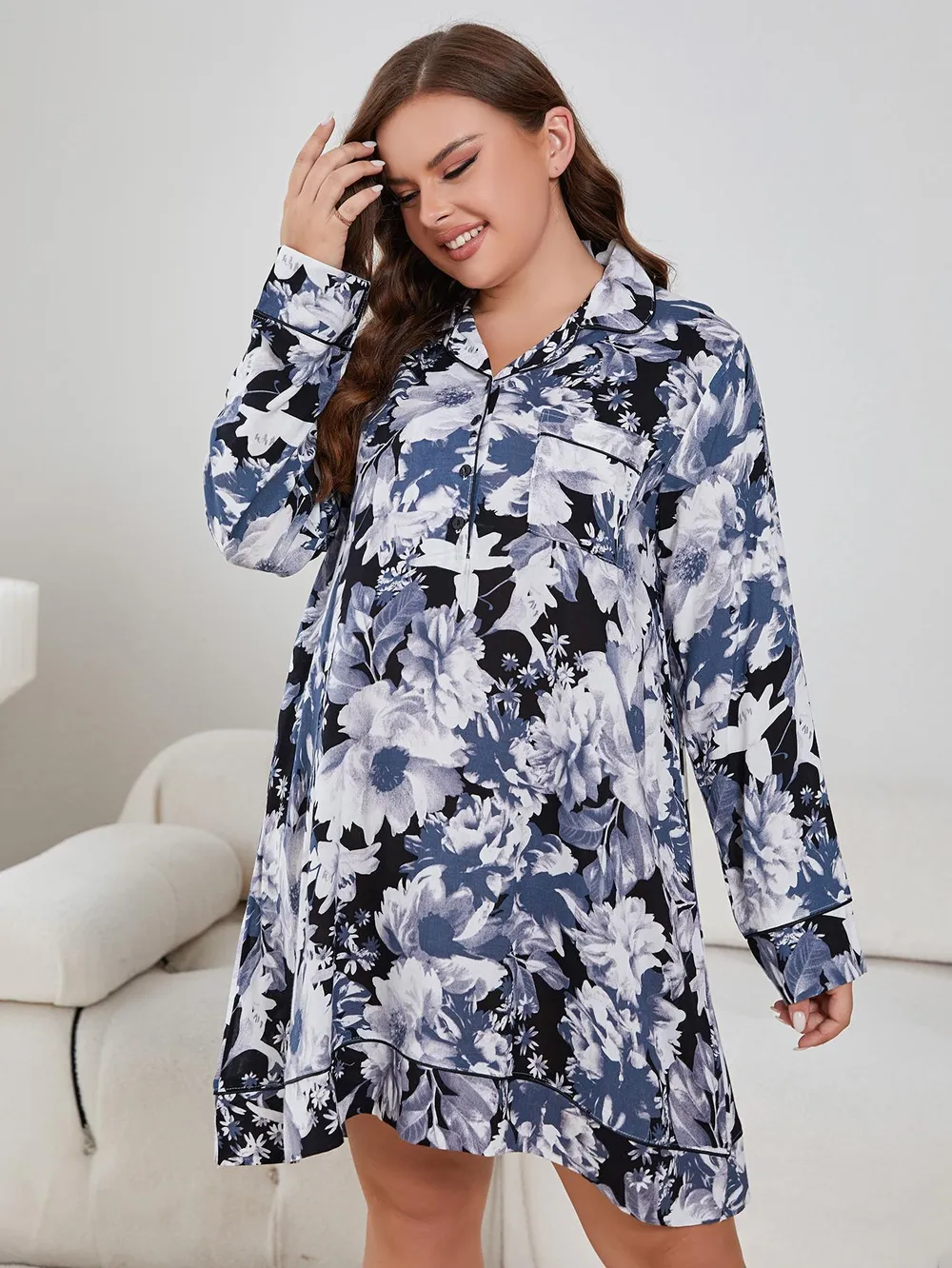 Plus Size Floral Lapel Collar Long Sleeve Night Dress, image 4