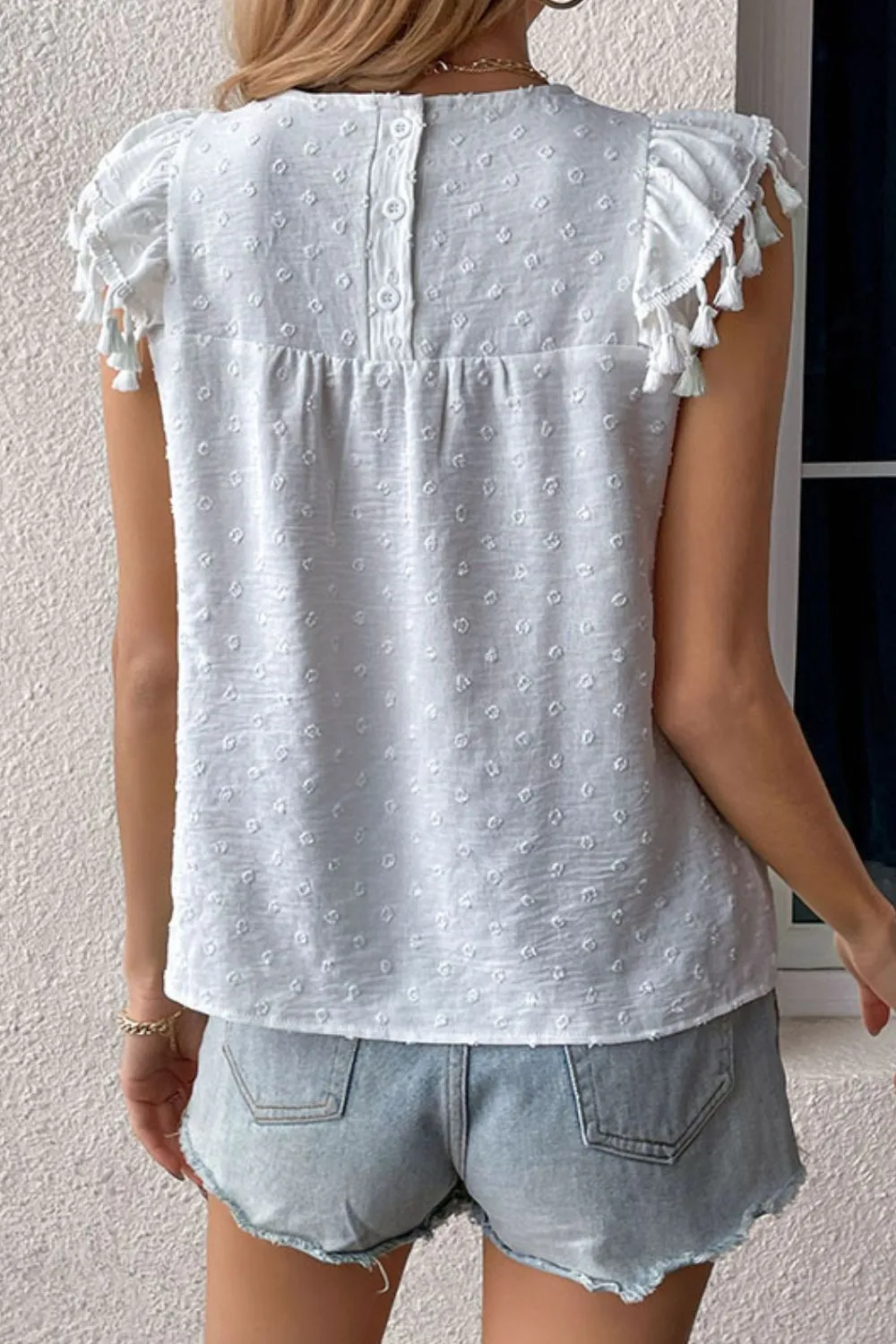Swiss Dot Tassel Detail Round Neck Blouse, image 2