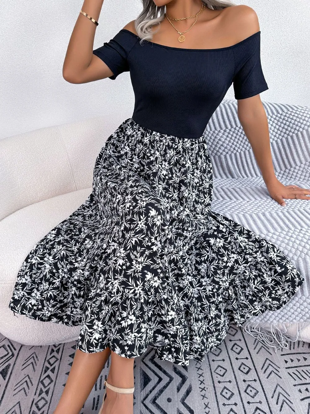 Printed Off-Shoulder Ruffle Hem Dress, image 5