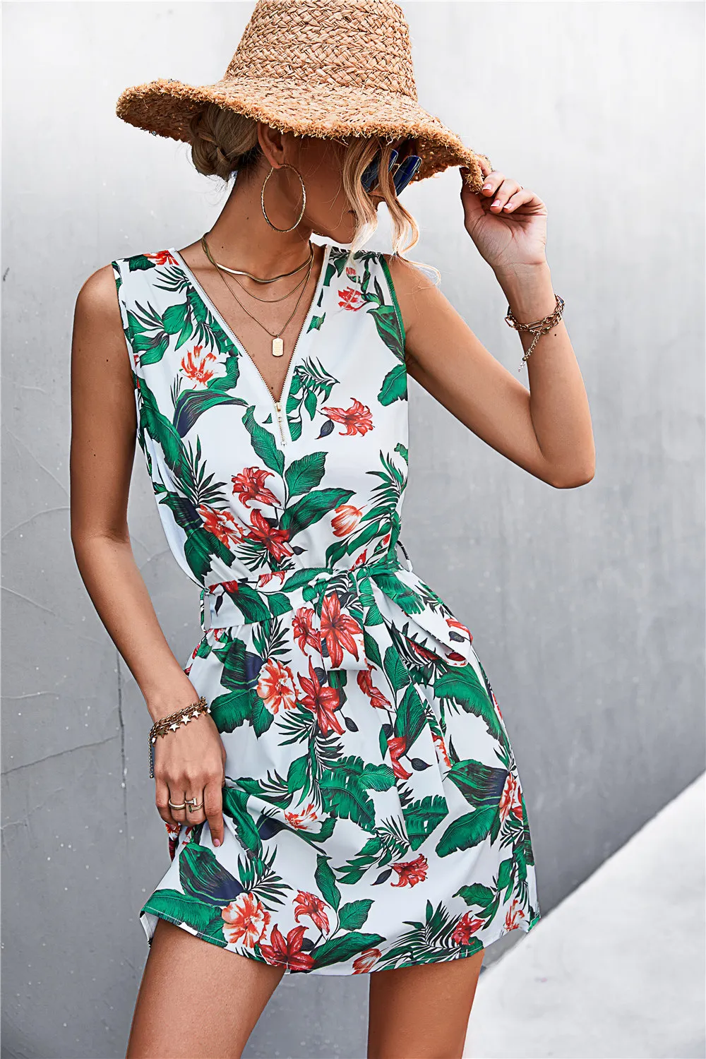 Printed Zip Detail Belted Sleeveless Dress, image 14