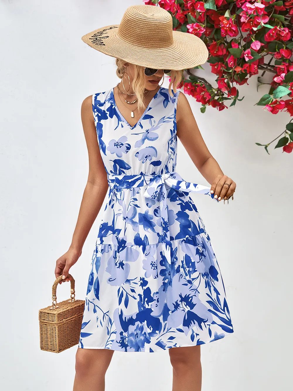 Floral V-Neck Tie Waist Sleeveless Dress, image 4