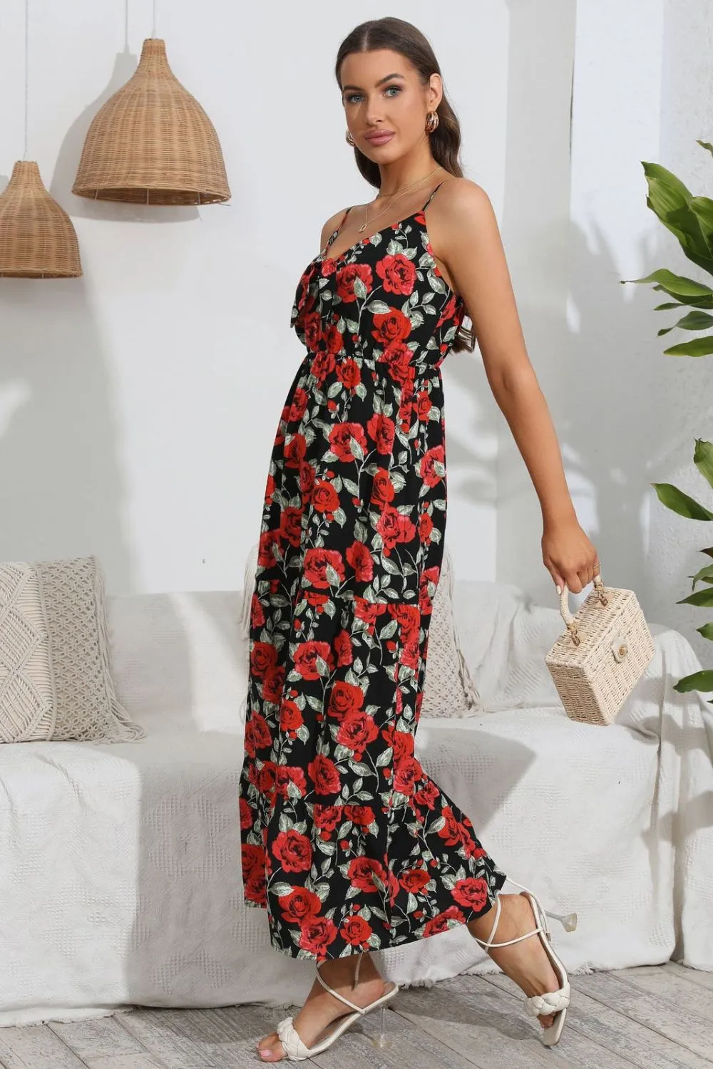 Rose Print Spaghetti Strap Sweetheart Neck Dress, image 3