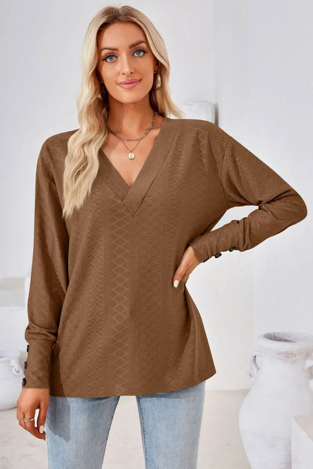 V-Neck Long Sleeve Blouse, image 2