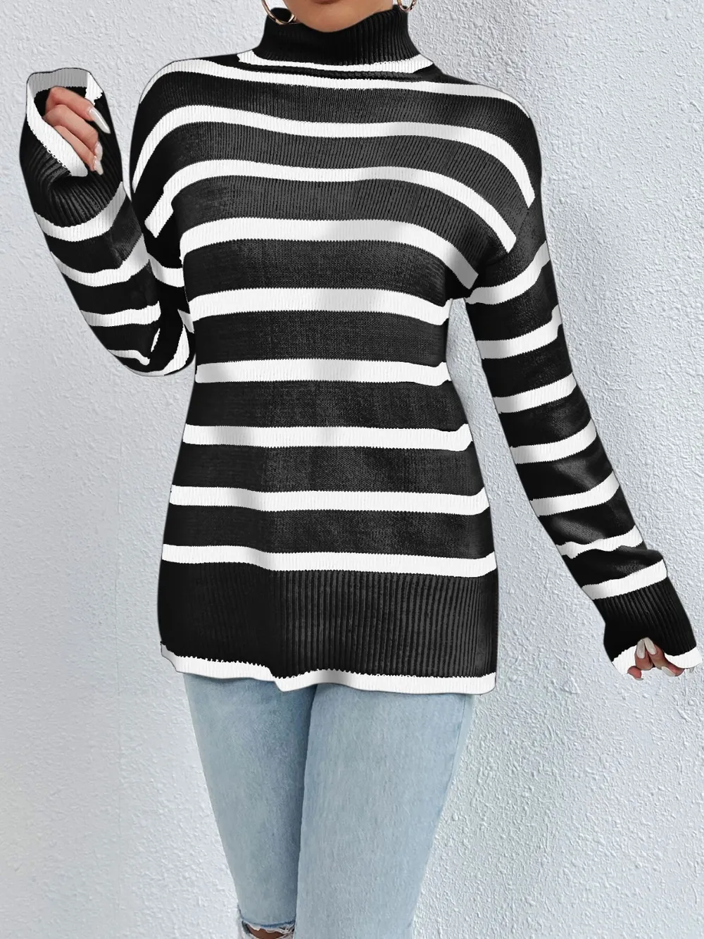 Striped Turtleneck Drop Shoulder Sweater, image 5