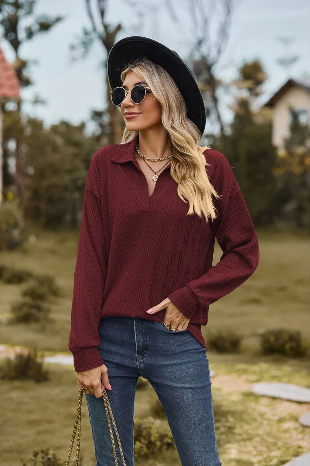 Collared Neck Cable-Knit Long Sleeve Blouse, image 15