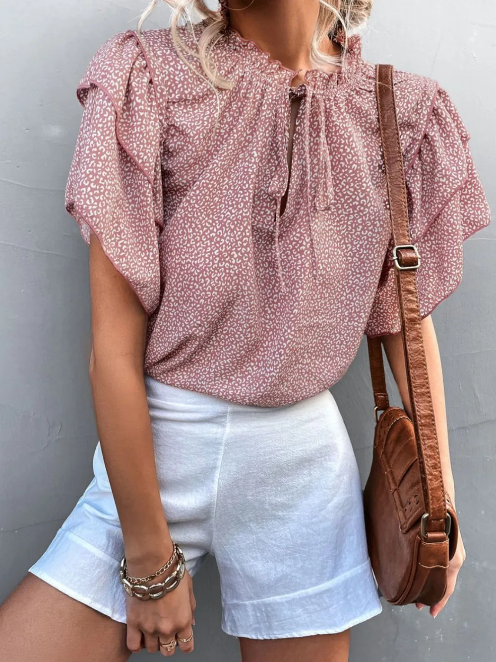 Printed Flutter Sleeve V-Neck Top, image 2