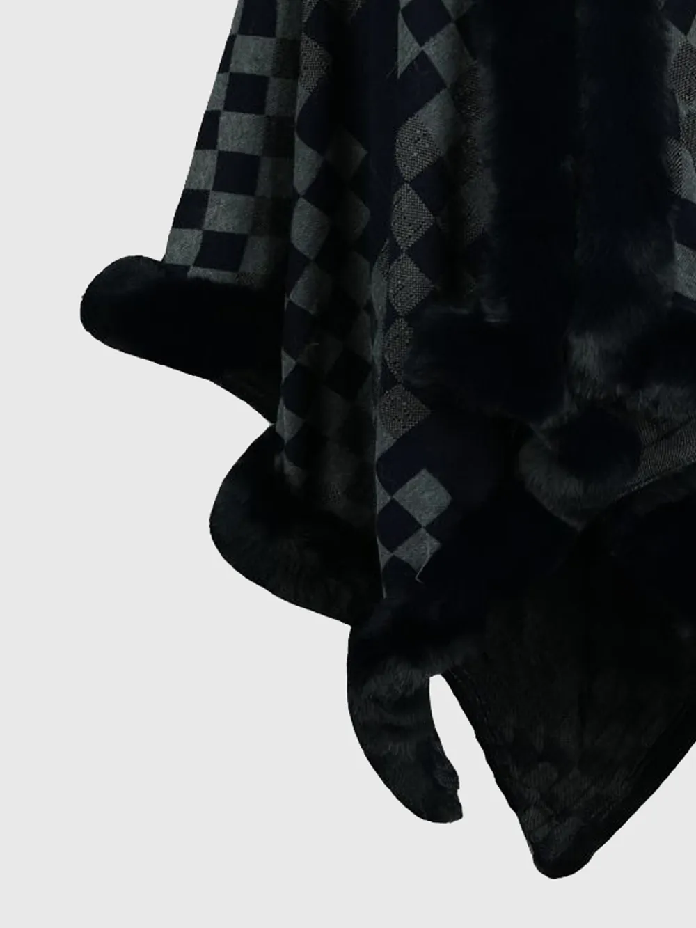 Checkered Faux Fur Trim Poncho, image 7
