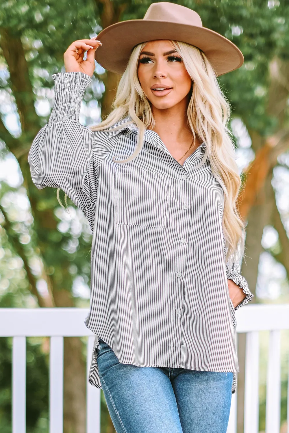 Striped Lantern Sleeve Collared Shirt, image 13