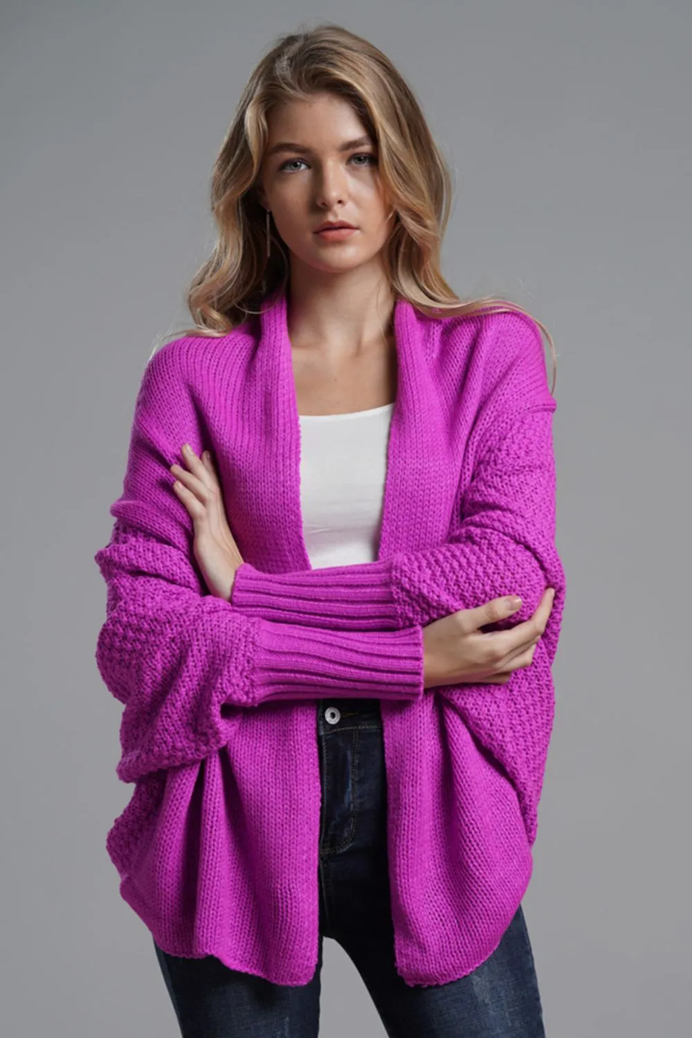 Dolman Sleeve Open Front Ribbed Trim Longline Cardigan, image 5