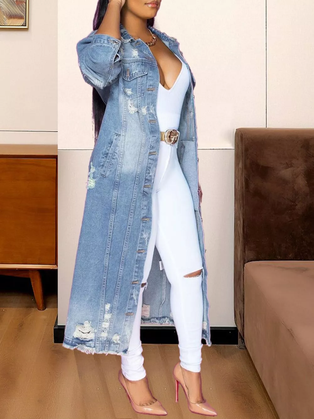 Long Sleeve Raw Hem Denim Jacket, image 3