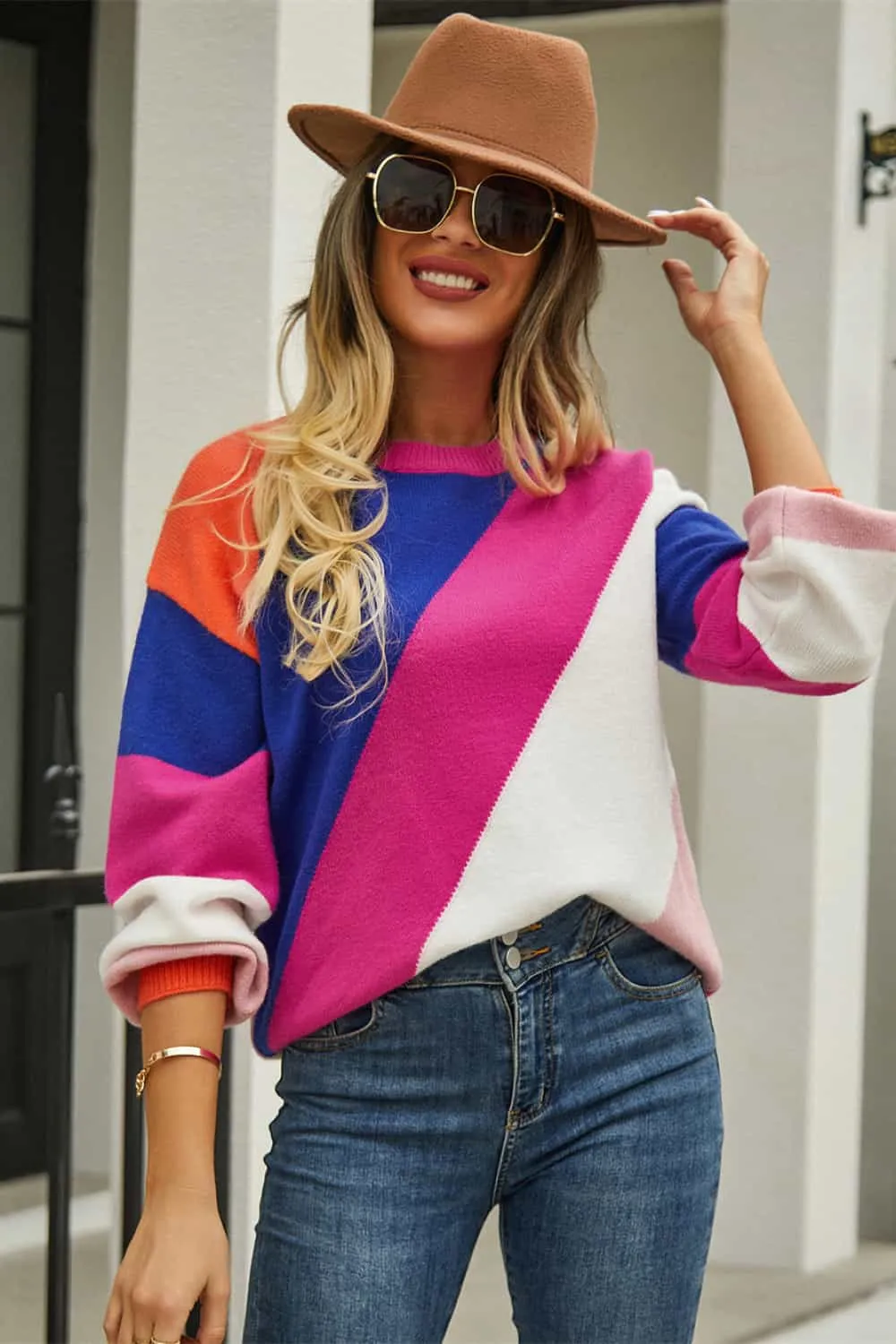 Color Block Round Neck Long Sleeve Sweater, image 2