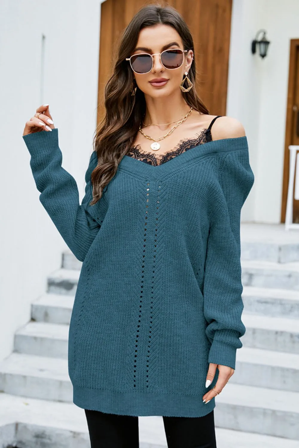 Openwork V-Neck Long Sleeve Sweater, image 5