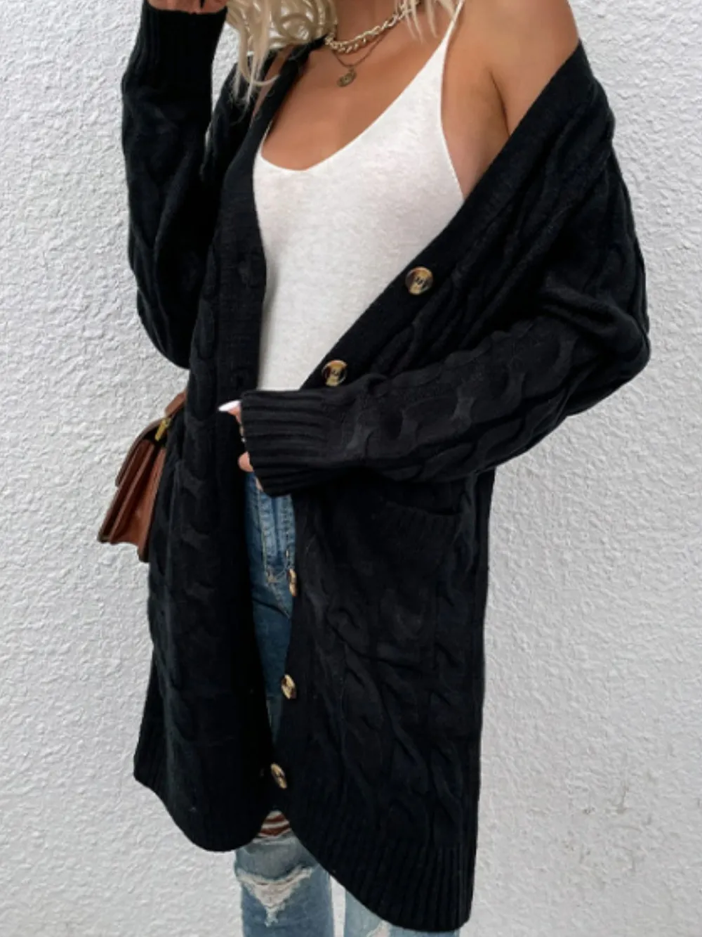 Cable-Knit Button Down Cardigan with Pockets, image 6
