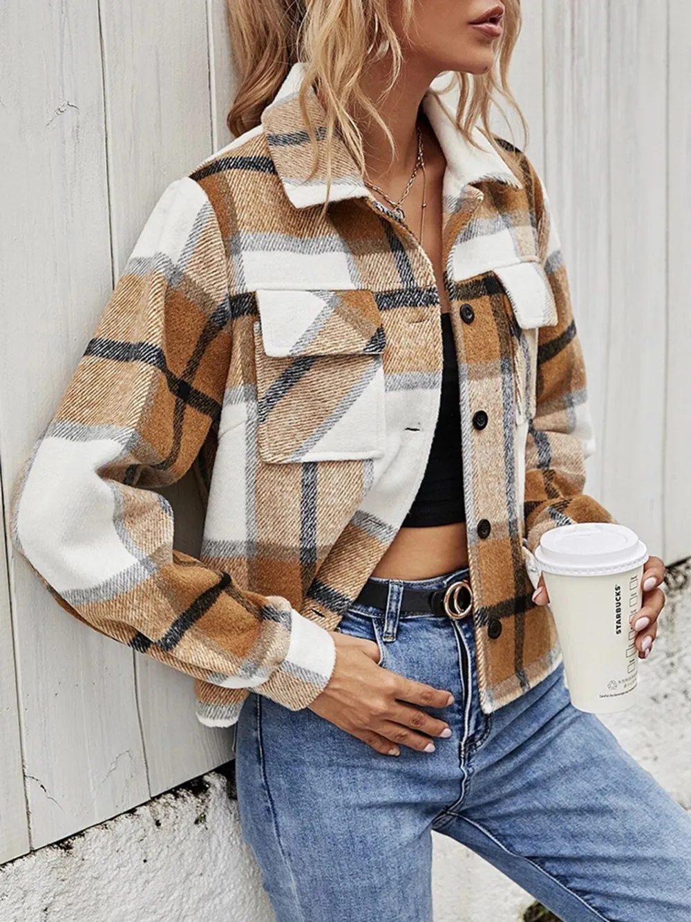 Plaid Collared Neck Jacket with Breast Pockets, image 8