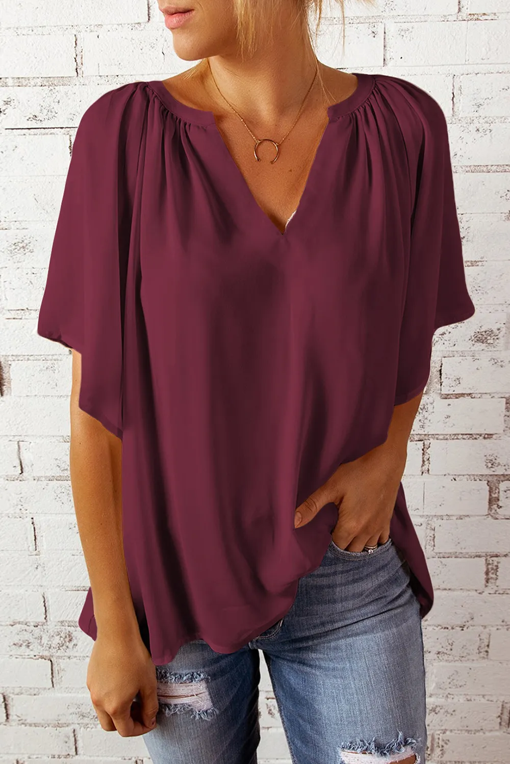 Gathered Detail Notched Neck Flutter Sleeve Top, image 11