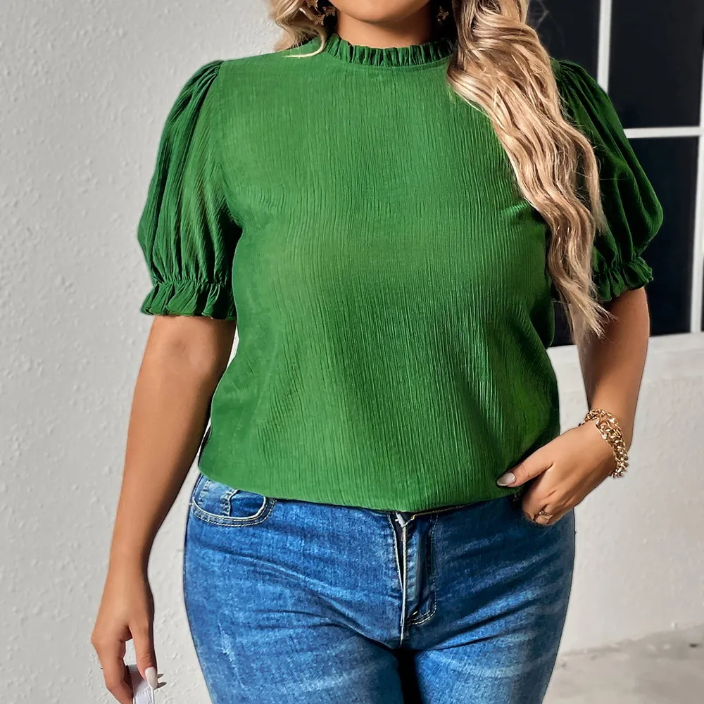 Plus Size Round Neck Flounce Sleeve Blouse, image 3