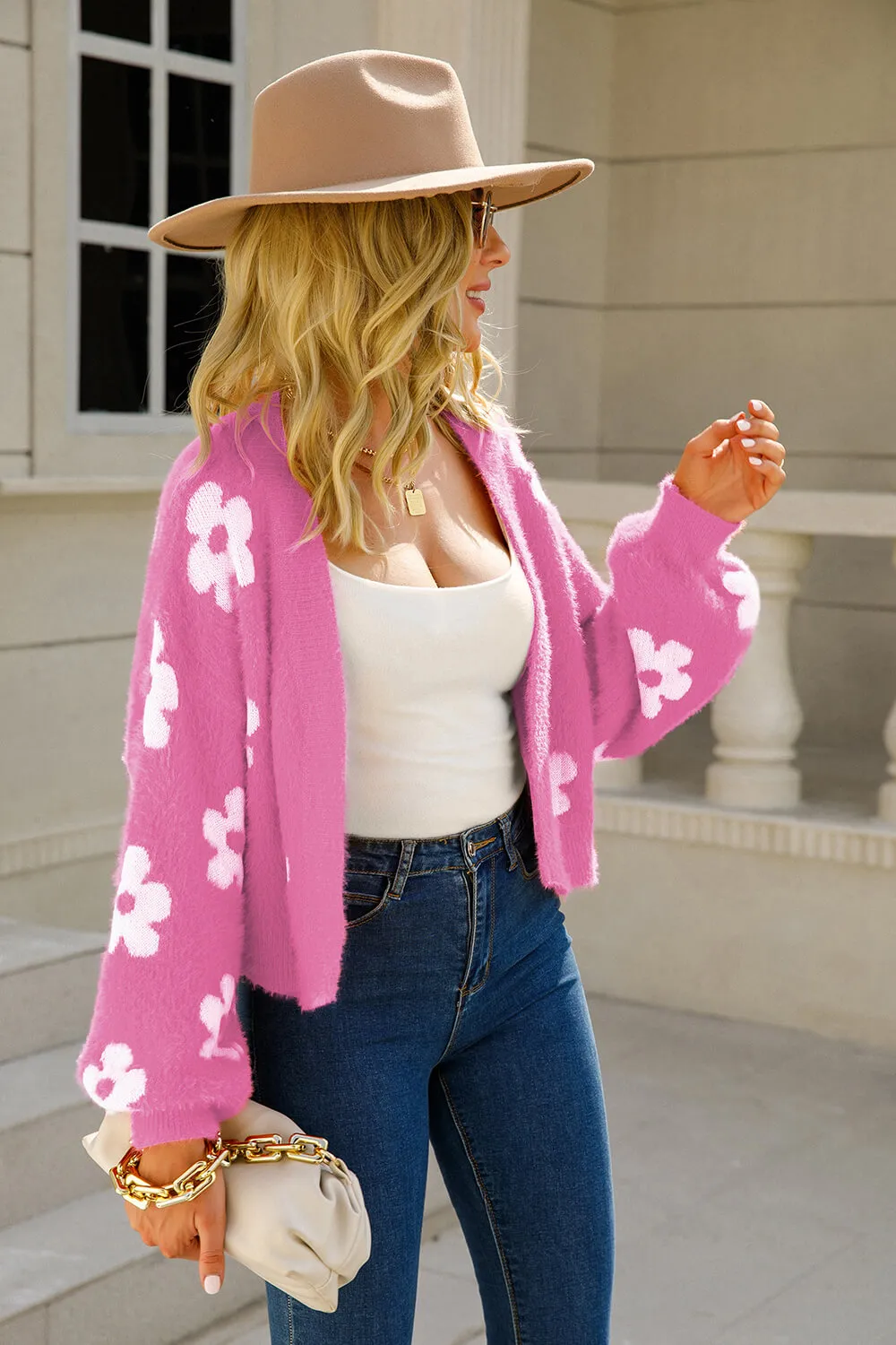 Floral Open Front Fuzzy Cardigan, image 8