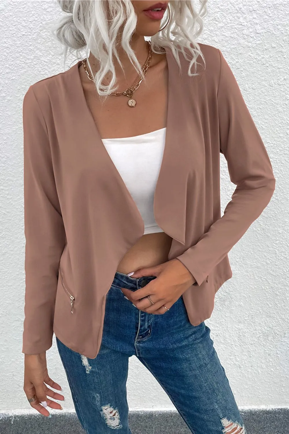 Open Front Zipper Pocket Cardigan, image 3