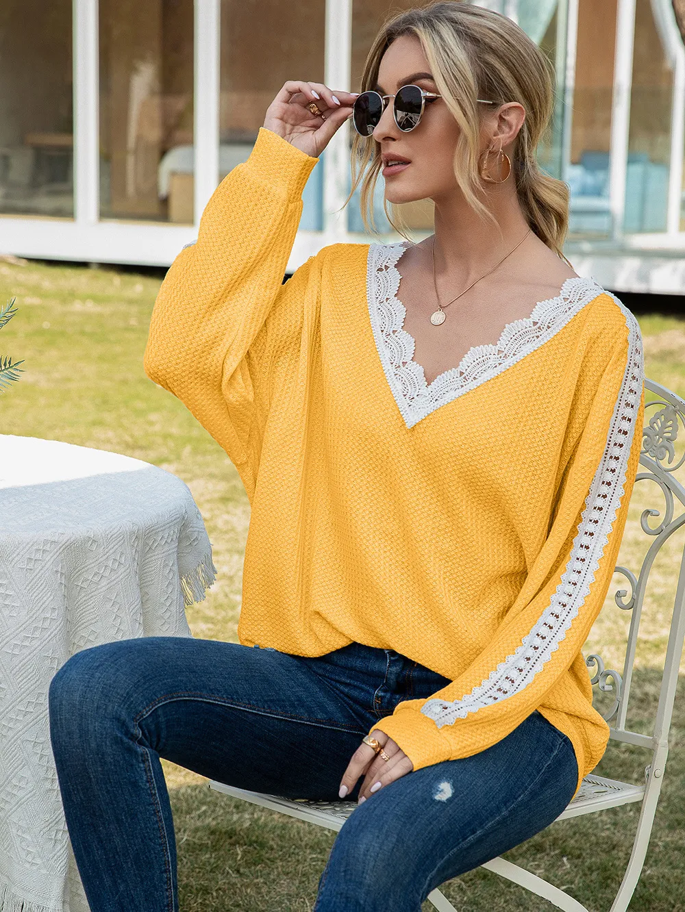 Contrast Spliced Lace V-Neck Top, image 11