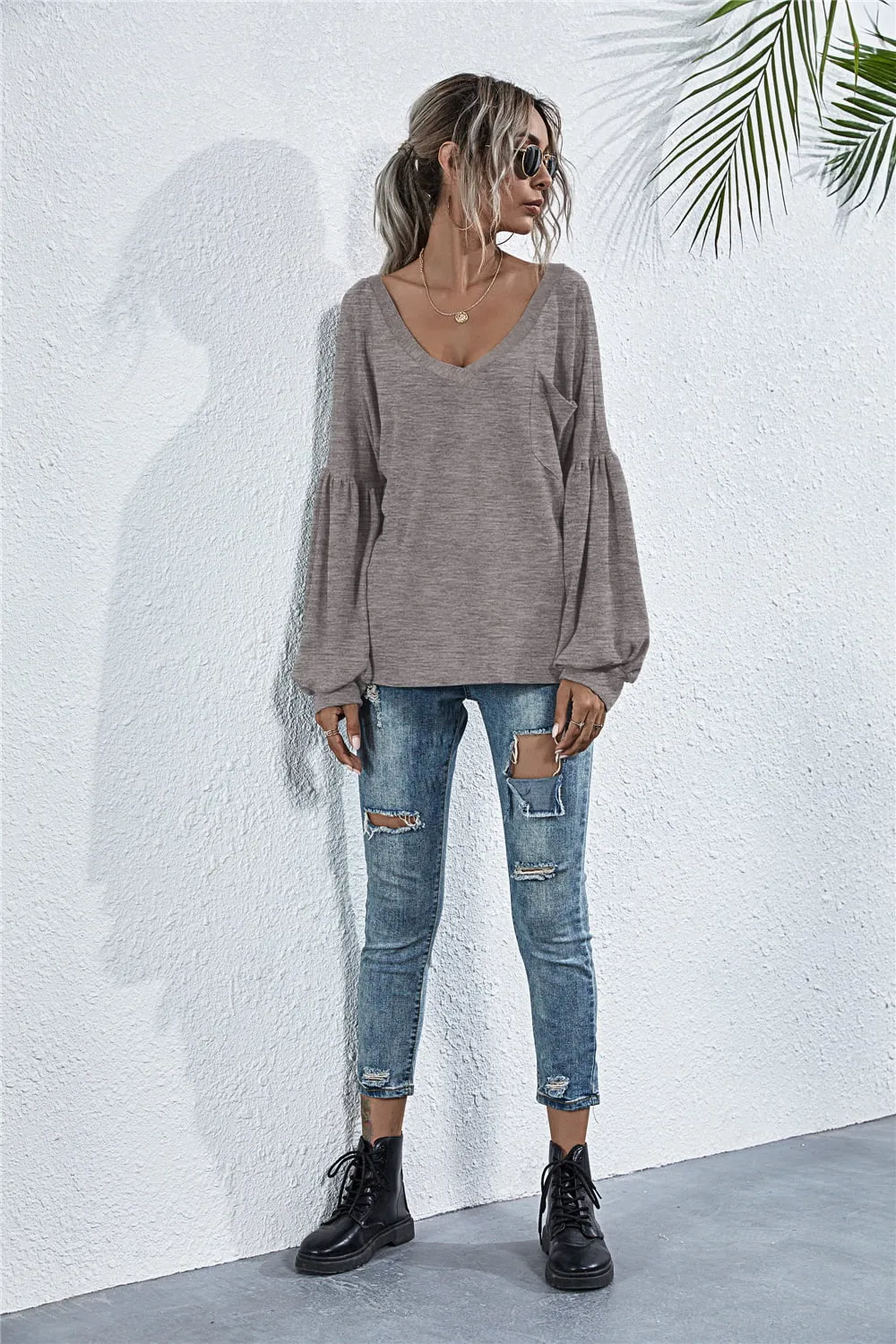 V-Neck Long Sleeve Dropped Shoulder Knit Top, image 6