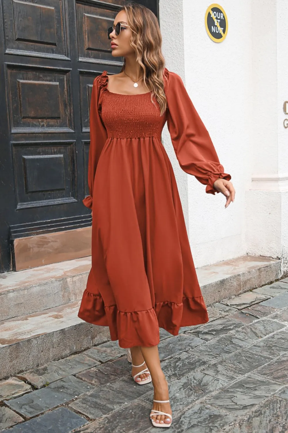 Smocked Ruffle Hem Flounce Sleeve Dress, image 10