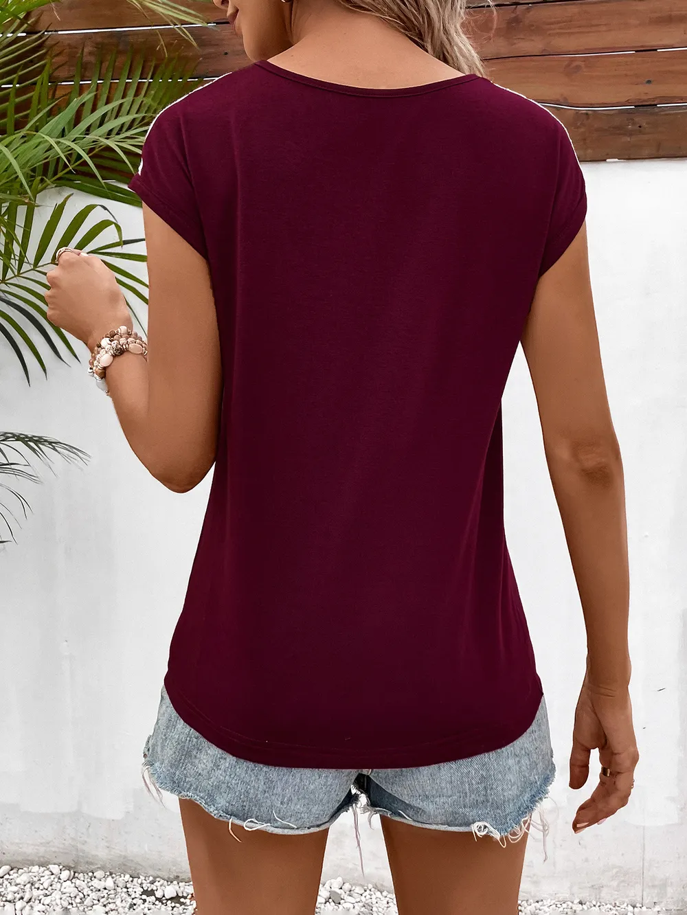 Spliced Lace V-Neck Twisted Hem Tee, image 11
