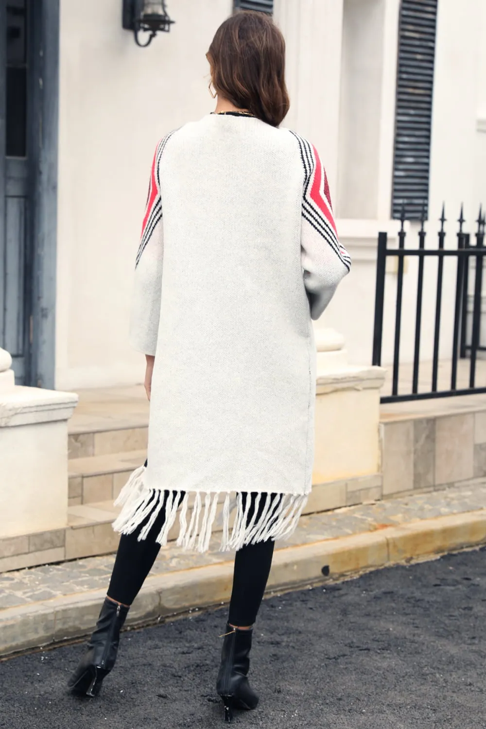 Geometric Fringe Hem Open Front Duster Cardigan, image 14
