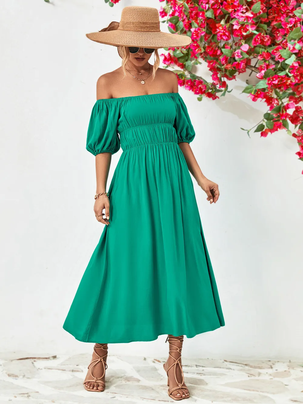 Off-Shoulder Balloon Sleeve Midi Dress, image 7