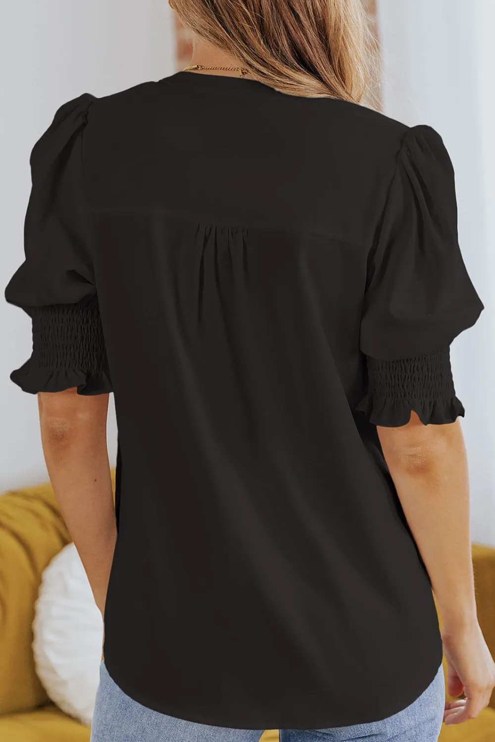 Smocked Flounce Sleeve Notched Neck Blouse, image 12
