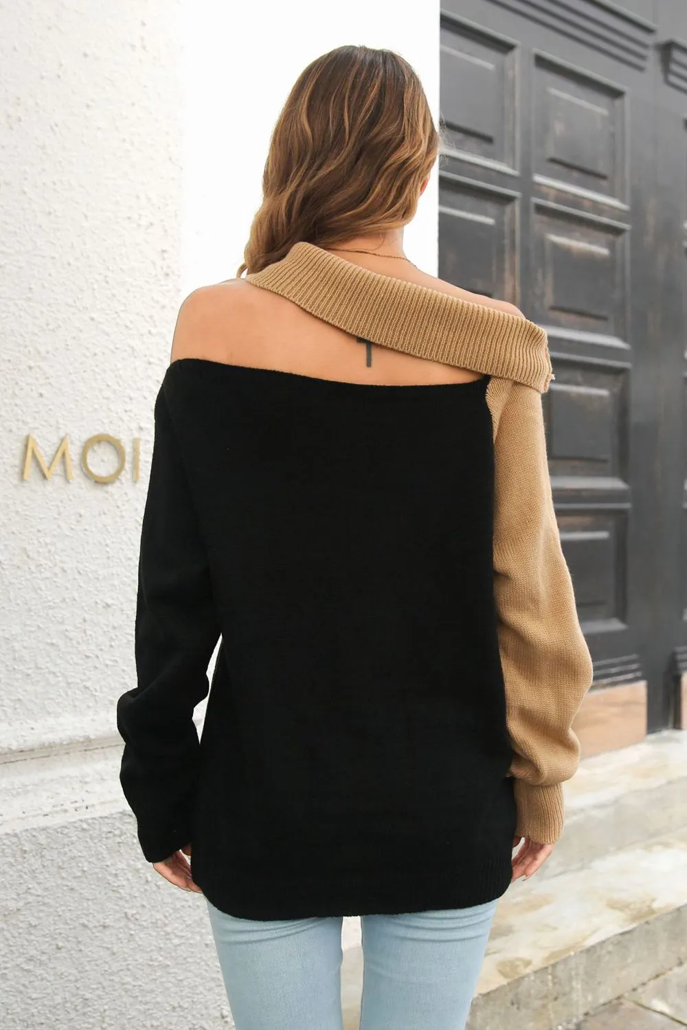 Ribbed Off-Shoulder Lantern Sleeve Pullover Sweater, image 2
