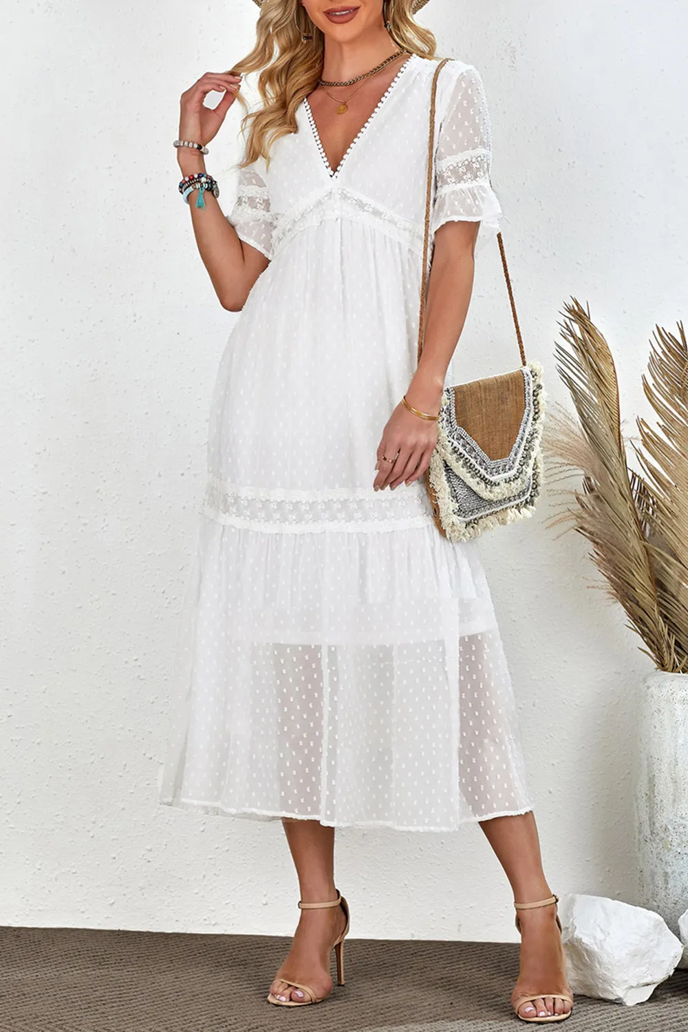 Swiss Dot V-Neck Short Sleeve Midi Dress, image 2