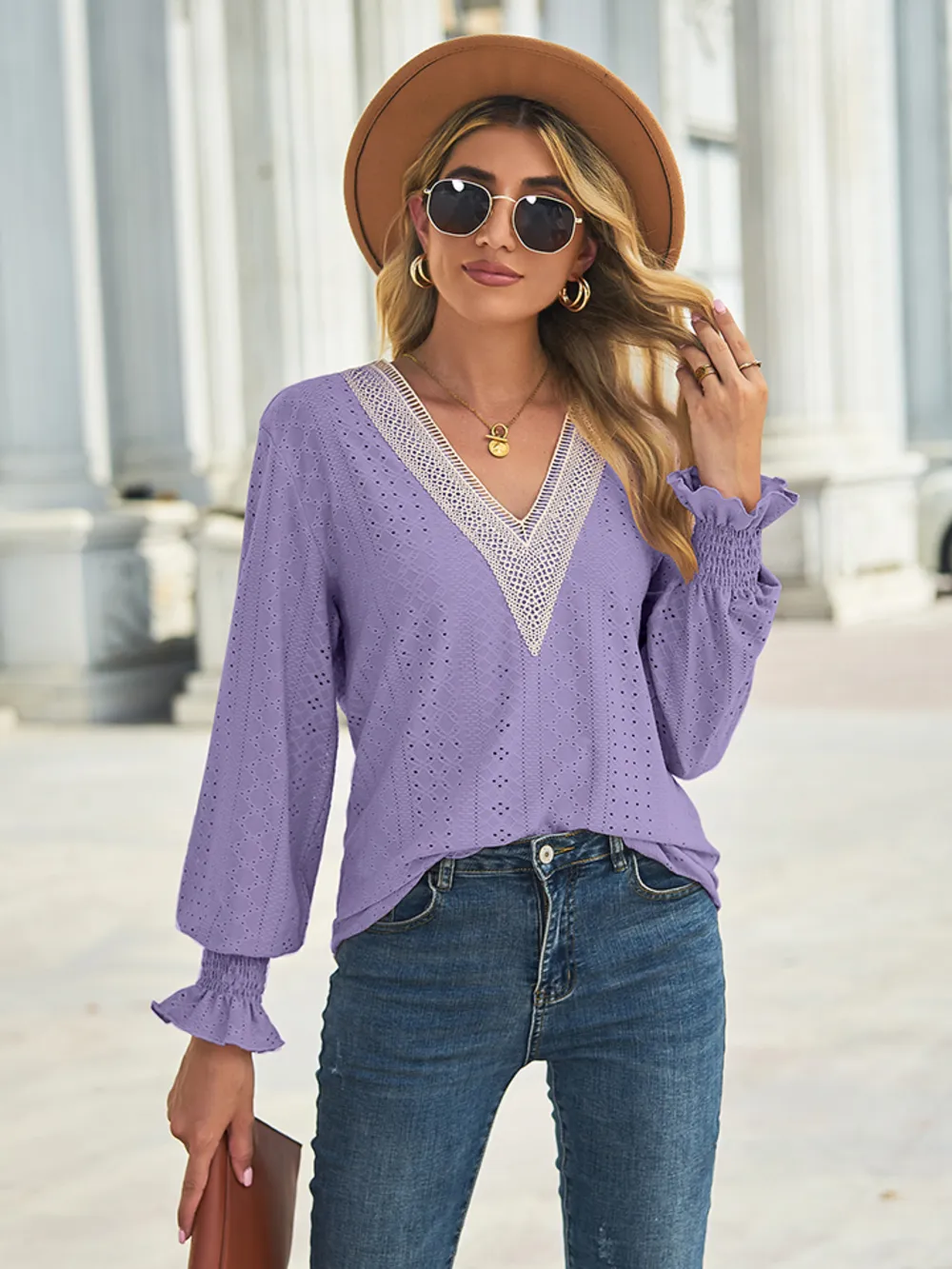 V-Neck Eyelet Flounce Sleeve Blouse, image 2