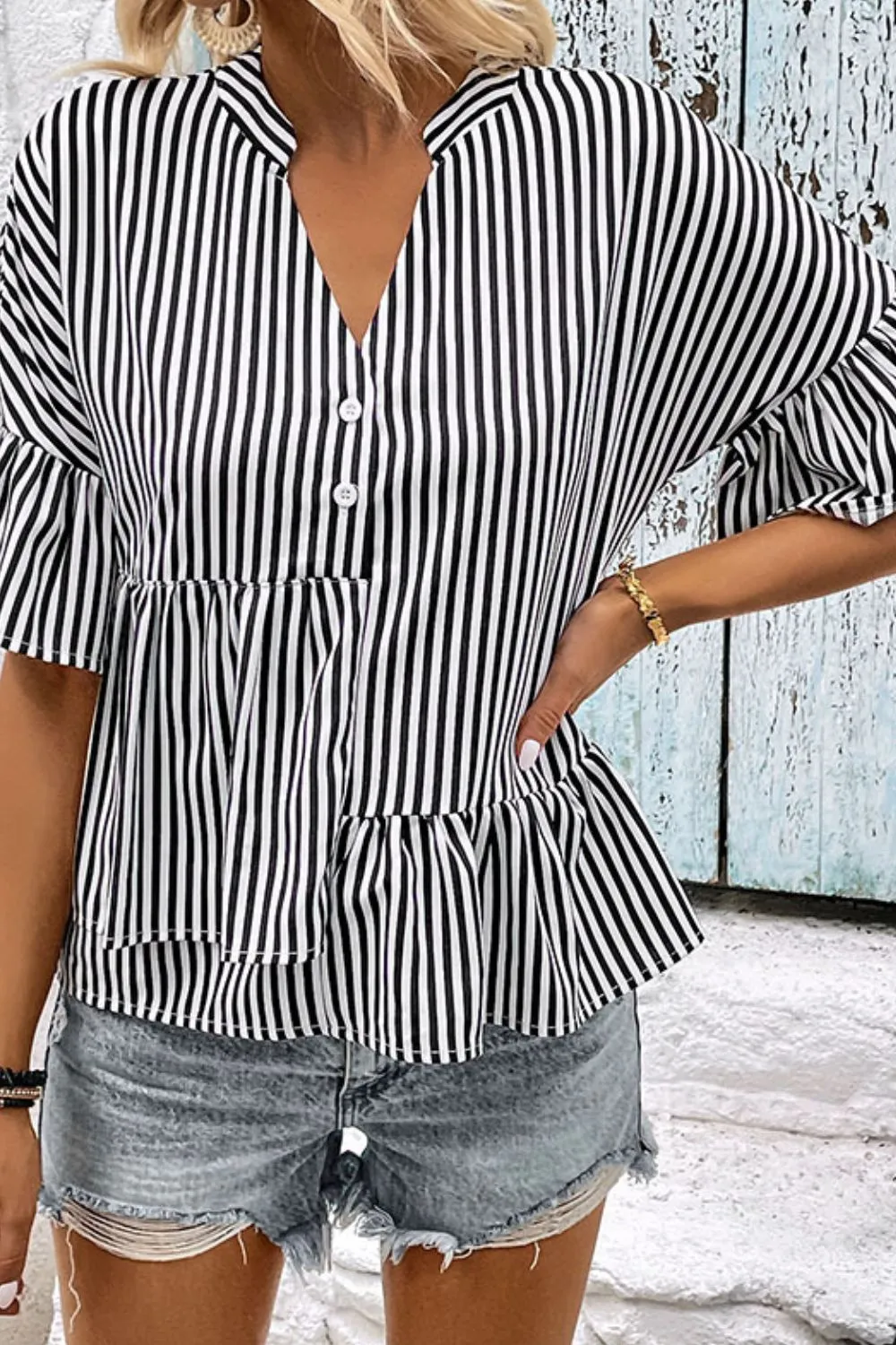 Striped Asymmetrical Flounce Sleeve Blouse, image 3