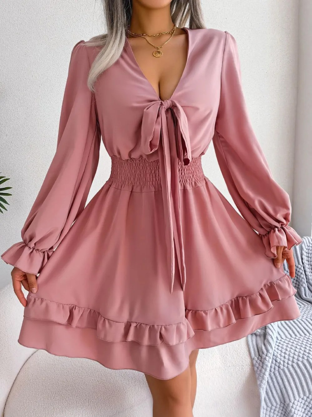 Tie Front Smocked Waist Flounce Sleeve Dress, image 3