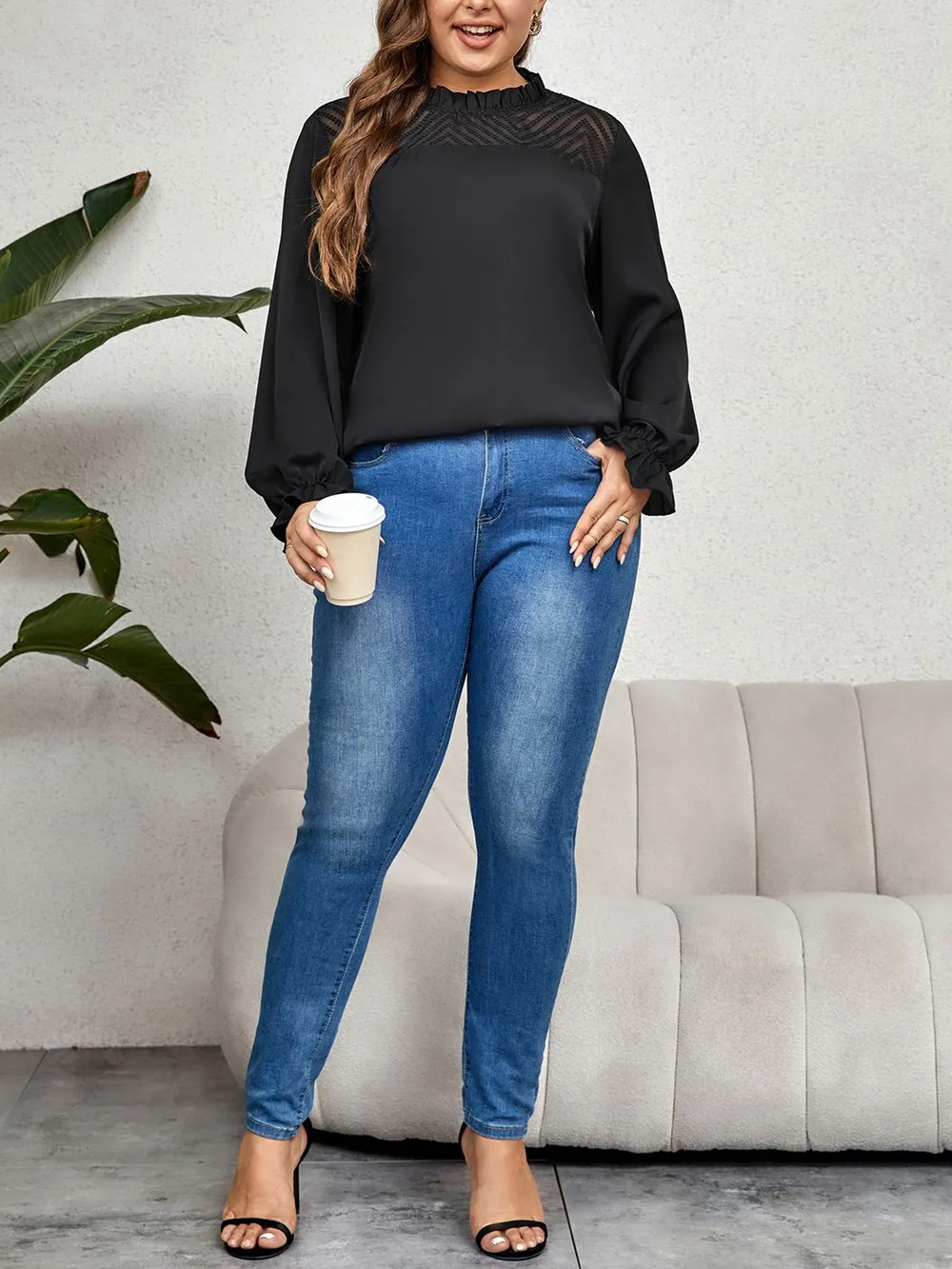 Plus Size Round Neck Flounce Sleeve Blouse, image 3