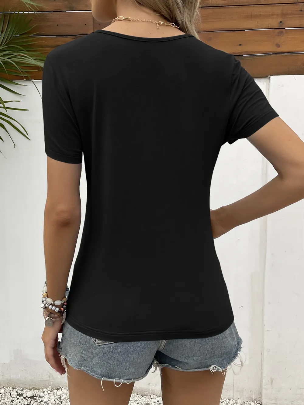 Lace Trim V-Neck Short Sleeve Blouse, image 3
